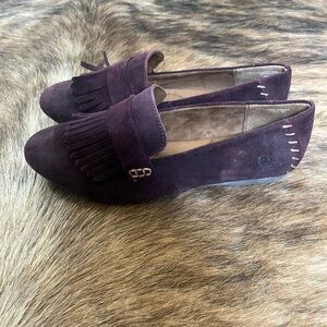 Suede Fringe Loafers in Burgundy- Women's Slip-On Flats